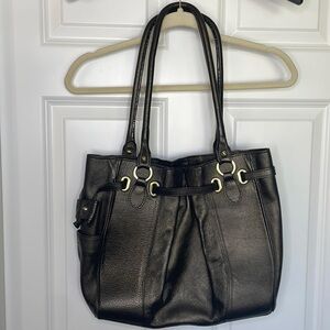 Ignes Leather Black Satchel Purse Shoulder Bag Snap Tie Top Pockets